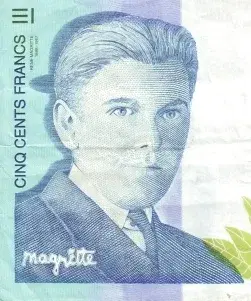 Detail 500 franc note showing portrait of Magritte