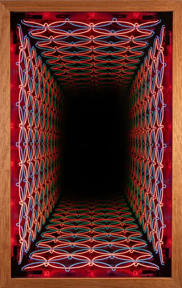 Iván Navarro Polka  2022 Neon light, sapele wood, mirror