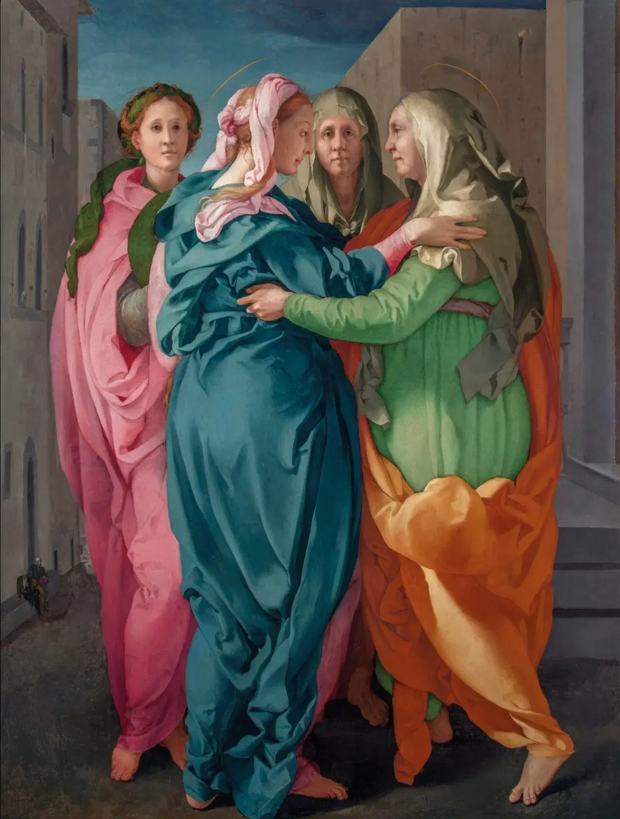 Post-restoration photograph of the Visitation by Pontormo, located in the church of San Michele Arcangelo in Carmignano, Tuscany, Italy.